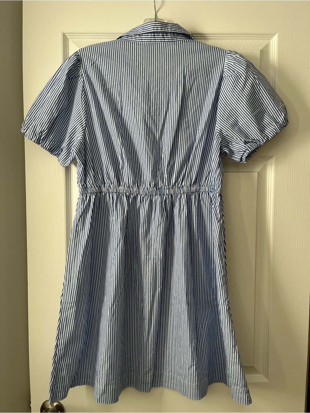 J. Crew Blue and White Striped Puff-Sleeve Shirt Dress with Drawstring - Picture 7 of 11